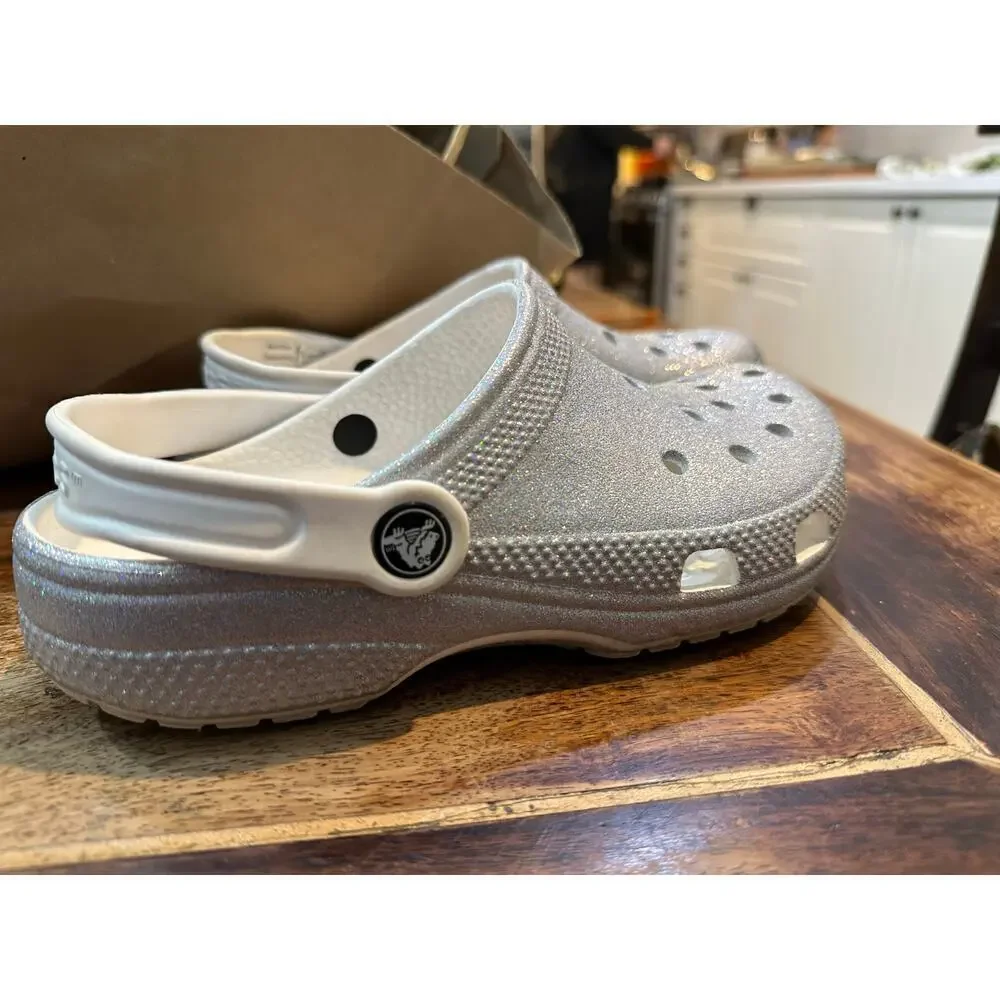 Crocs Unisex Classic Glitter II Metallic Silver Clog Sandal Shoes Size J3